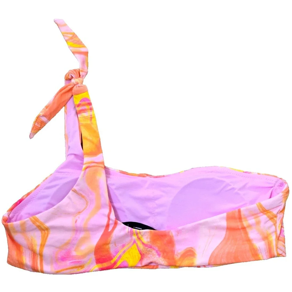 Aqua Swim One Shoulder Tie Marble Swirl Bikini Top‎ Women's M Pink Multi